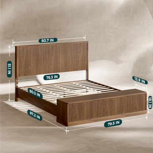 Fluted Walnut King Bed Frame with 51'' Headboard & Storage Bench, view 3