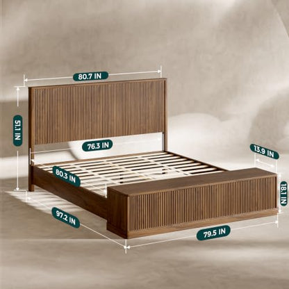 Fluted Walnut King Bed Frame with 51'' Headboard & Storage Bench, view 3