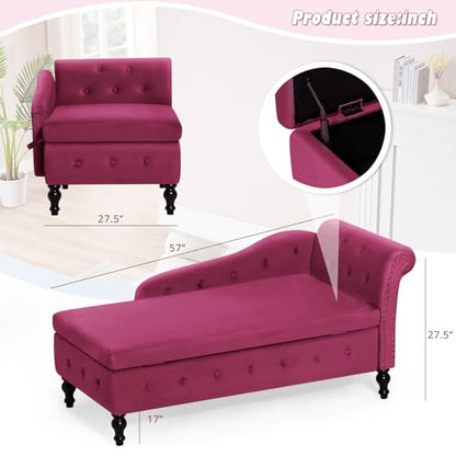 Velvet Chaise Lounge w/Right Armrest & Storage Space, Fuchsia, view 4