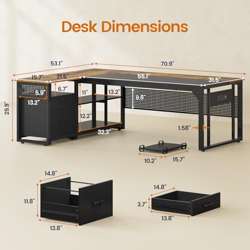 71" L Shaped Executive Desk, Office Desk with Storage Drawers, view 3
