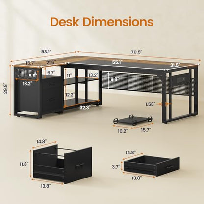 71" L Shaped Executive Desk, Office Desk with Storage Drawers, view 3