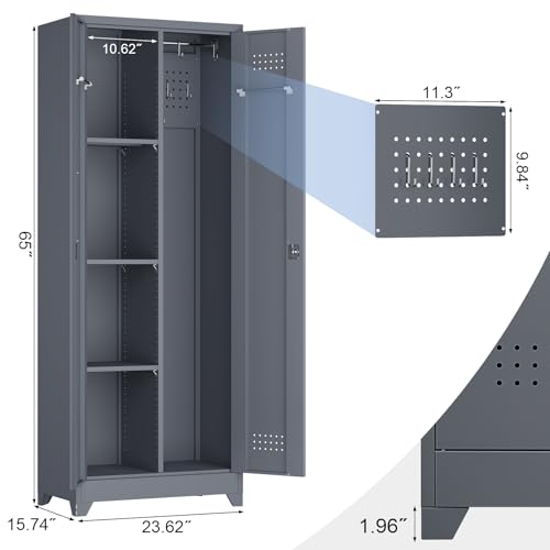65" H Metal Garage Storage Cabinet,Broom Closet Storage Cabinet with Adjust Shelves,Utility Cabinet,Utility Closet for Garage,Gray