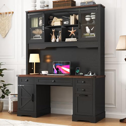 76" Height Farmhouse Desk with Sliding Door Hutch, view 2
