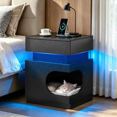 18" Pet Nightstand Charging LED Cat Cave Storage Drawer Side Table Black, view 2