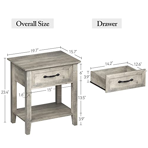 Grey Nightstands Set of 2, End Table with Drawer, Side Table for Spaces, 2 Tiers Storage Shelves with Dresser, Bedside Table for Living Room, Bedroom, Dorm (2pcs-Grey)