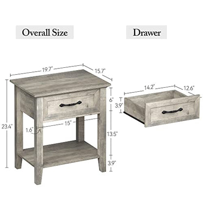 Grey Nightstands Set of 2, End Table with Drawer, Side Table for Spaces, 2 Tiers Storage Shelves with Dresser, Bedside Table for Living Room, Bedroom, Dorm (2pcs-Grey)