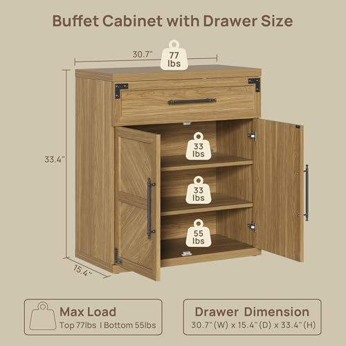 Buffet Cabinet with Drawer - Modern Sideboard Cabinet with Storage, Wide Credenza Storage Cabinet with Handle and Door, Sideboard Buffet Cabinets (1, Oak Brown)