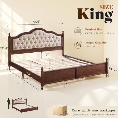 Solid Wood King Size Bed Frame with Upholstered Headboard, view 4