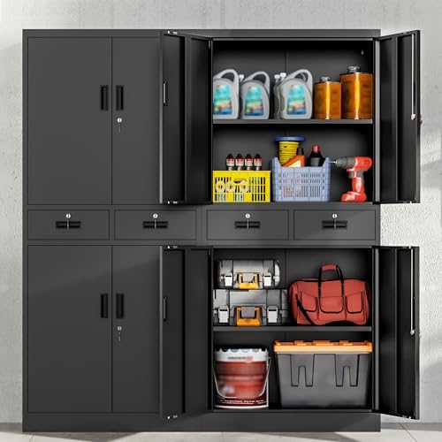 Metal Storage Cabinet, 71" Locking Storage Cabinet with Adjustable Shelves and 2 Drawers, Steel Cabinets for Office, Garage, Home, School, Utility Room(Black)
