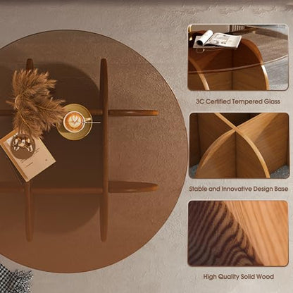 Modern Round Coffee Table with Solid Wood Legs,31.5'' Glass Coffee Tables for Living Room Rustic Circle Center Cocktail Table with Tempered Glass-Top,for Small Spaces, Unique | Modern