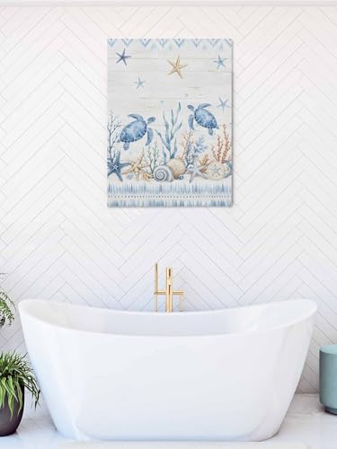 NuYeBiofx Summer Sea Turtle Starfish Coral Canvas Wall Art Prints,30"x20" Framed Picture Artwork Marine Creature Wood Plank Printed Canvas Oil Painting for Living Room Bedroom Office,Ready to Hang