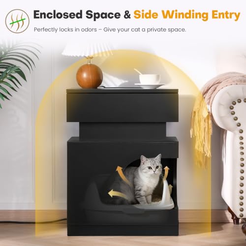 18" Pet Nightstand Charging LED Cat Cave Storage Drawer Side Table Black, view 6