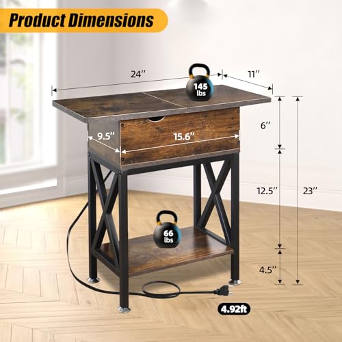 End Tables Living Room Set of 2, Side Table with Charging Station Flip Top, 11"D x 24"W x 23"H, Narrow Side Table with 5.3" Deep Drawer, Couch End Tables Set of 2, Steel X-Frame, Rustic Brown