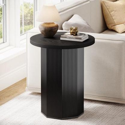 Tribesigns Round End Table, Farmhouse Pedestal Side Table, Fluted Wooden Nightstand Drink Stand for Living Room, Bedroom (1, Black)