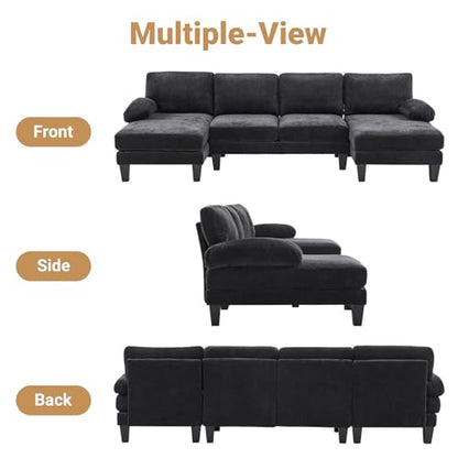 110" Sectional Couches for Living Room,U Shaped Couch with Double Chaise, 4-Seat Sofa Set with Chenille Fabric for Home Furniture,Black