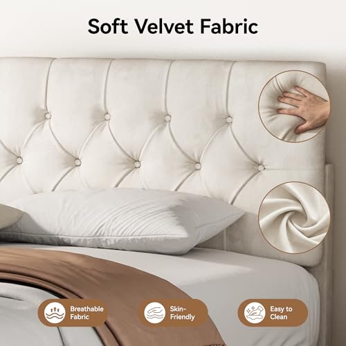 Queen Upholstered Bed Frame, White Velvet Cloud Platform Bed, view 4