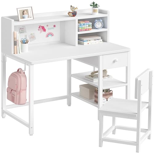 White Kids Desk and Chair Set for 6-12 Year Old, view 2