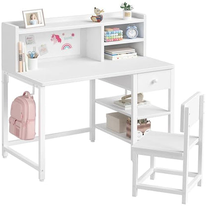 White Kids Desk and Chair Set for 6-12 Year Old, view 2