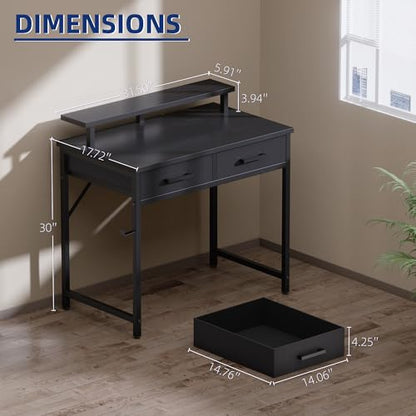 32 Inch Small Computer Desk with Monitor Stand and 2 Drawers, view 4