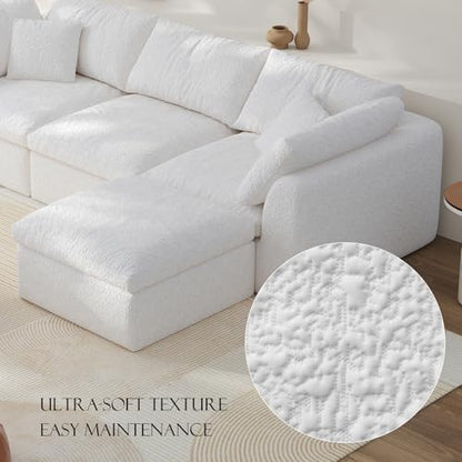 108" Boneless Cloud Couch Modular Sectional Sofa with Deep Seat for Living Room, L Shape Couch with Ottoman, Snowflake Fabric and 40D Memory Sponge，2 Throw Pillows (White, 3 Seater+1 Ottoman)