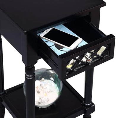 French Country Khloe Deluxe 1 Drawer Accent End Table 14" - Traditional Farmhouse Side Table with Mirrored Storage Drawer and Shelf for Living Room, Black