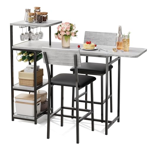 Dining Table Set for 2, 3-Piece Expandable Bar Table and Chairs Set, with Storage Shelves and Wine Rack, Small Kitchen Dining Set for Living Room, Apartment