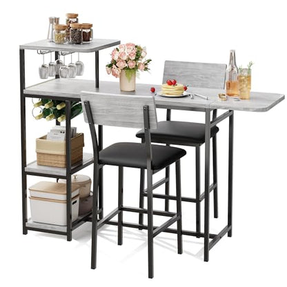 Dining Table Set for 2, 3-Piece Expandable Bar Table and Chairs Set, with Storage Shelves and Wine Rack, Small Kitchen Dining Set for Living Room, Apartment