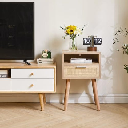 Rattan Nightstand, Boho Side Table with Drawer Open Shelf, Wood Accent Bedside Table, End Table with Legs for Bedroom, Living Room and Small Spaces,Natural UWNS009N