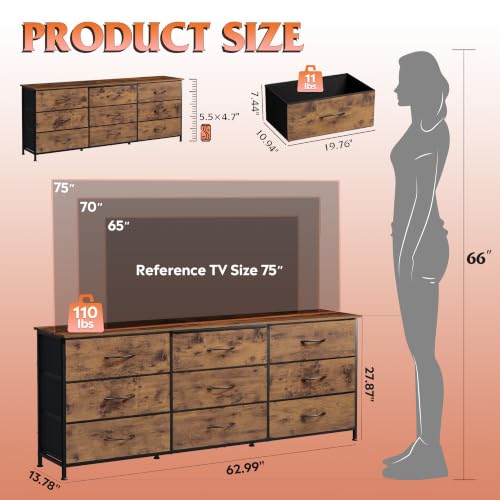 Dresser TV Stand for 75 Inch TV, with 9 Fabric Drawers, Rustic Brown, view 4