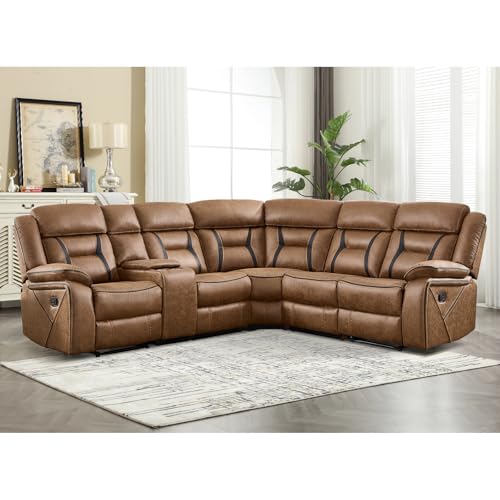 Manual Reclining Sectional Sofa for Living Room, L-Shaped Sectional Corner Reclining Sectional Couches Home Furniture Set with Center Console, Hidden Cup Holders and Storage, Brown