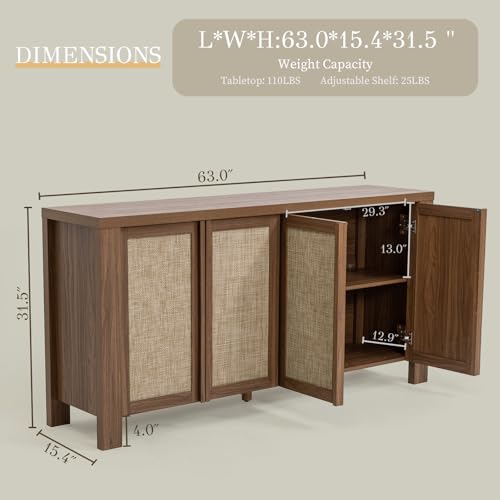 Buffet Cabinet with Storage, 63" Wide Sideboard with Solid Wood Handles and Rattan Look Accent Doors, Flexible Shelves, for Living Room, Kitchen, Dark Walnut