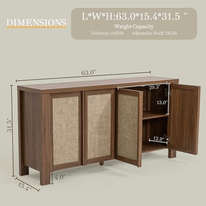 Buffet Cabinet with Storage, 63" Wide Sideboard with Solid Wood Handles and Rattan Look Accent Doors, Flexible Shelves, for Living Room, Kitchen, Dark Walnut