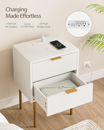 Nightstand with Charging Station,Morden Bedside Table with Gold Frame,Small White Night Stand,End Table,Bedside Furniture,Side Table with Drawer and Shelf for Bedroom,Living Room