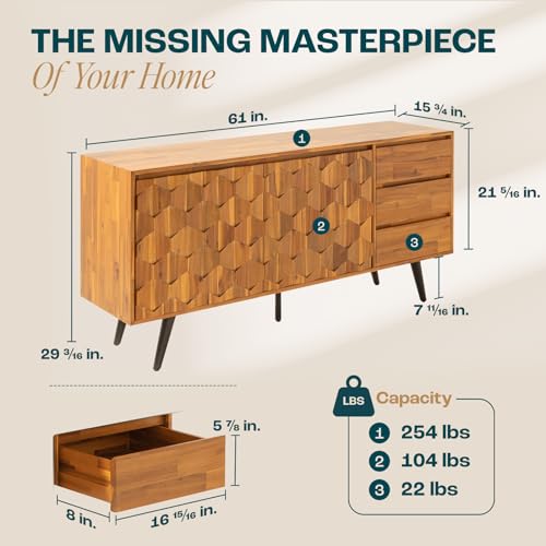 Georgina Sideboard 2 Doors & 3 Drawers, Mid Century, Teak Brown, 61", view 3