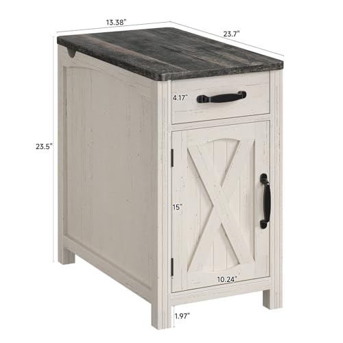 Farmhouse End Table with Charging Station, Narrow Side Table with Barn Door, Rustic Wood Sofa Side Table with Drawer and Storage Cabinet, 23.5" Small Nightstand for Living Room (Rustic White)
