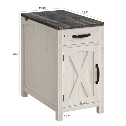 Farmhouse End Table with Charging Station, Narrow Side Table with Barn Door, Rustic Wood Sofa Side Table with Drawer and Storage Cabinet, 23.5" Small Nightstand for Living Room (Rustic White)