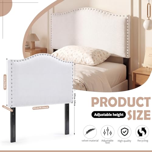 Colingmill 40" x 24" Fabric Upholstered Twin Headboard White with Nailtrim Bevel Tacked Headboard Bevel College Head Board Adjustable Height from 43" to 55" for Woman Man Bedroom Decor
