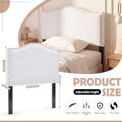 Colingmill 40" x 24" Fabric Upholstered Twin Headboard White with Nailtrim Bevel Tacked Headboard Bevel College Head Board Adjustable Height from 43" to 55" for Woman Man Bedroom Decor