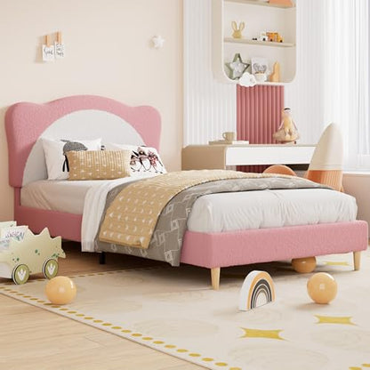 Twin Size Bed Frame for Kids - Cute Velvet Princess Platform Bed with Upholstered Headboard for Girls/Boys, Solid Wood Slats Support, No Box Spring Needed, Pink + White