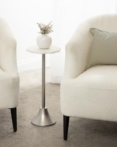 Sanzo Modern Pedestal Drink Table; 10 x 10 x 23; White Marble and Silver; Decorative End Table with Scalloped Marble Tabletop for Use as Small Plant Stand or Cute Martini Table
