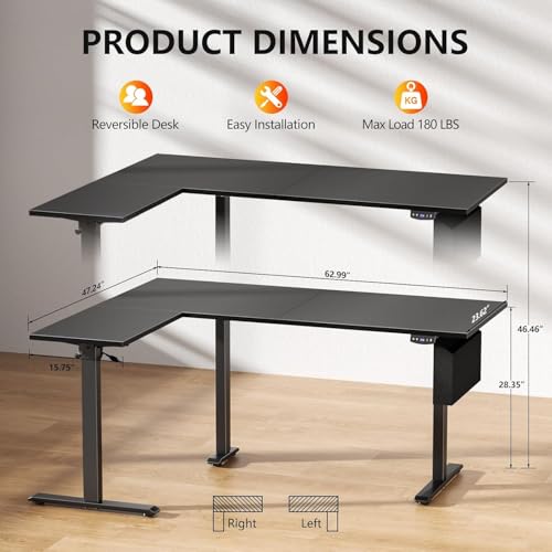 L Shaped Electric Standing Desk,63 Inch Adjustable Height Sit to Stand Corner Desk with Memory Presets, Reversible Computer Table for Home Office, Work and Study, Black