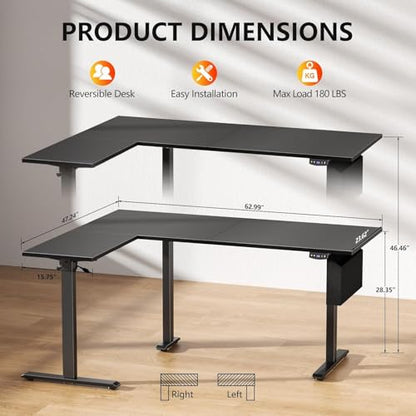 L Shaped Electric Standing Desk,63 Inch Adjustable Height Sit to Stand Corner Desk with Memory Presets, Reversible Computer Table for Home Office, Work and Study, Black