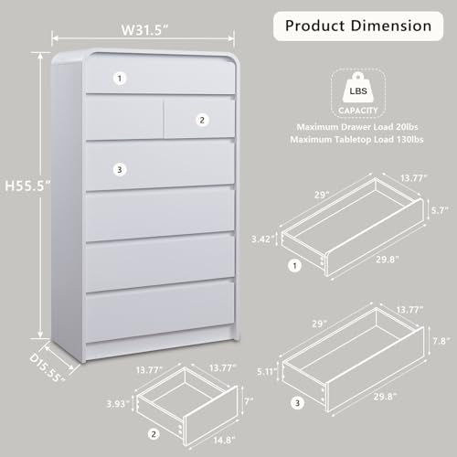 Modern 7 Drawers Dresser for Bedroom, 55" Tall Curved Dresser,White, view 3