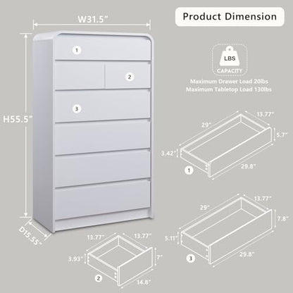 Modern 7 Drawers Dresser for Bedroom, 55" Tall Curved Dresser,White, view 3