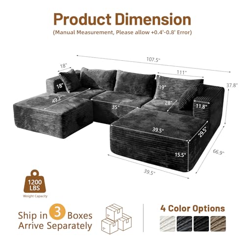 110" Modular Sectional Boneless Sofa with 2 Ottomans, U Shaped Cloud Couch for Living Room, Deep Seat Corduroy Floor Sofa, No Assembly Required, Compressed Couch, 5 Seat, Black