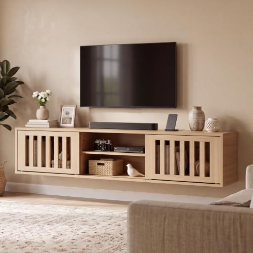 58" Floating TV Stand Wall Mounted with Power Outlet, Natural, view 2