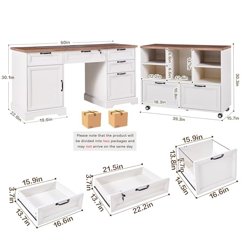 60" Farmhouse Executive Desk with 40" Mobile File Cabinet, view 3