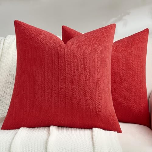 Pack of 2 Solid Chenille Throw Pillow Covers 16x16 Inch Soft Farmhouse Decorative Accent Cushion Cases Modern Home Decor for Couch Living Room, Red