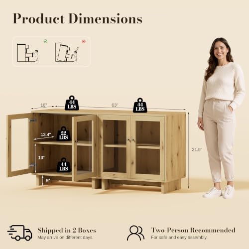 63" Storage Cabinet, Modular Sideboard Buffet Cabinet with Glass Doors-Oak, view 3