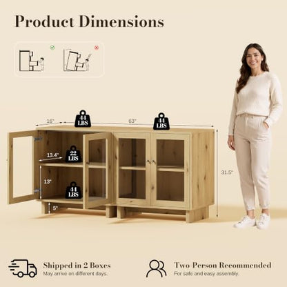 63" Storage Cabinet, Modular Sideboard Buffet Cabinet with Glass Doors-Oak, view 3